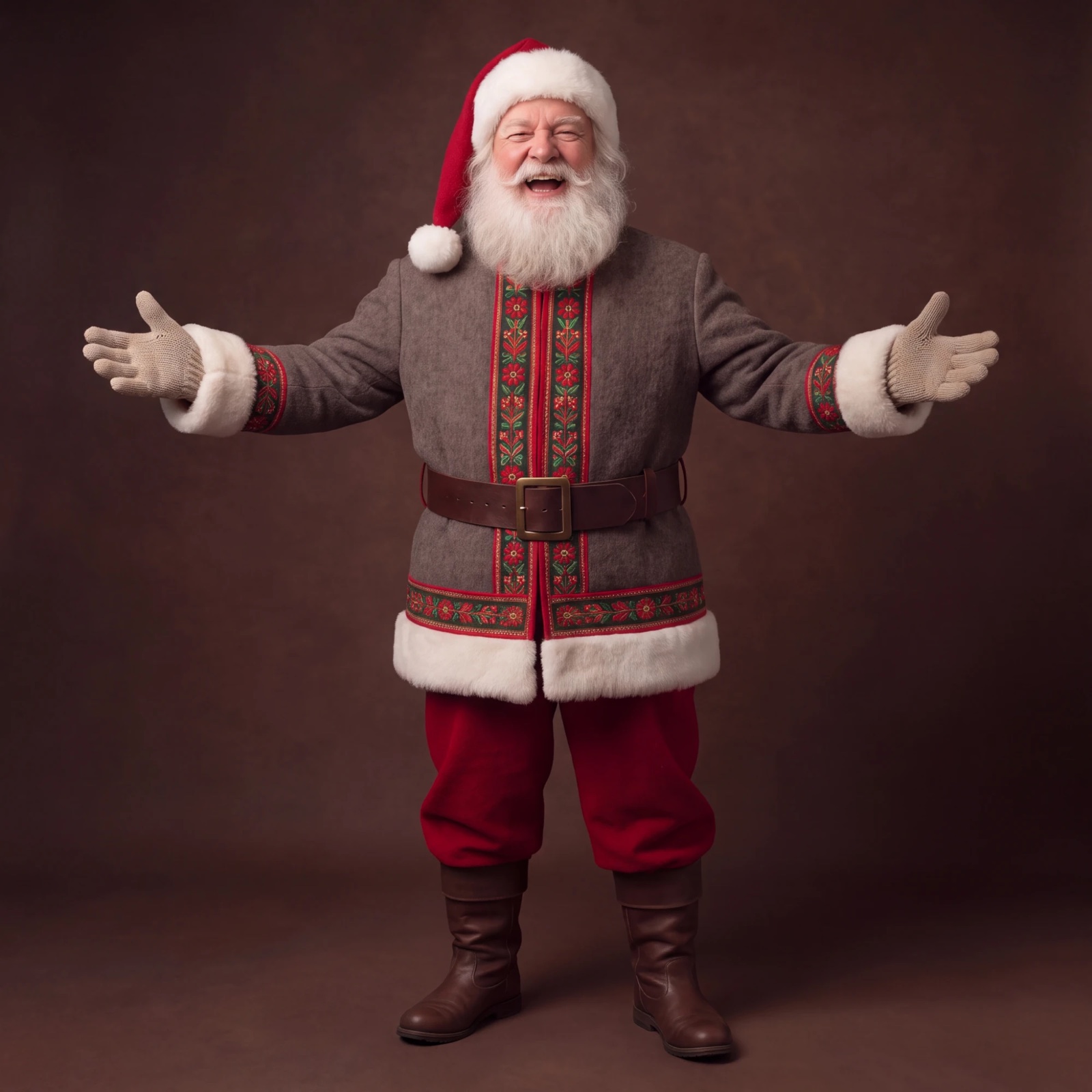 Le Père Noël rit, les bras grands ouverts, dans son manteau de laine grise brodé de rouge et de vert